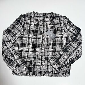 Adrianna Papell Black White Crew Neck Tweed Jacket Cropped Fringe Trim Sz M NWT